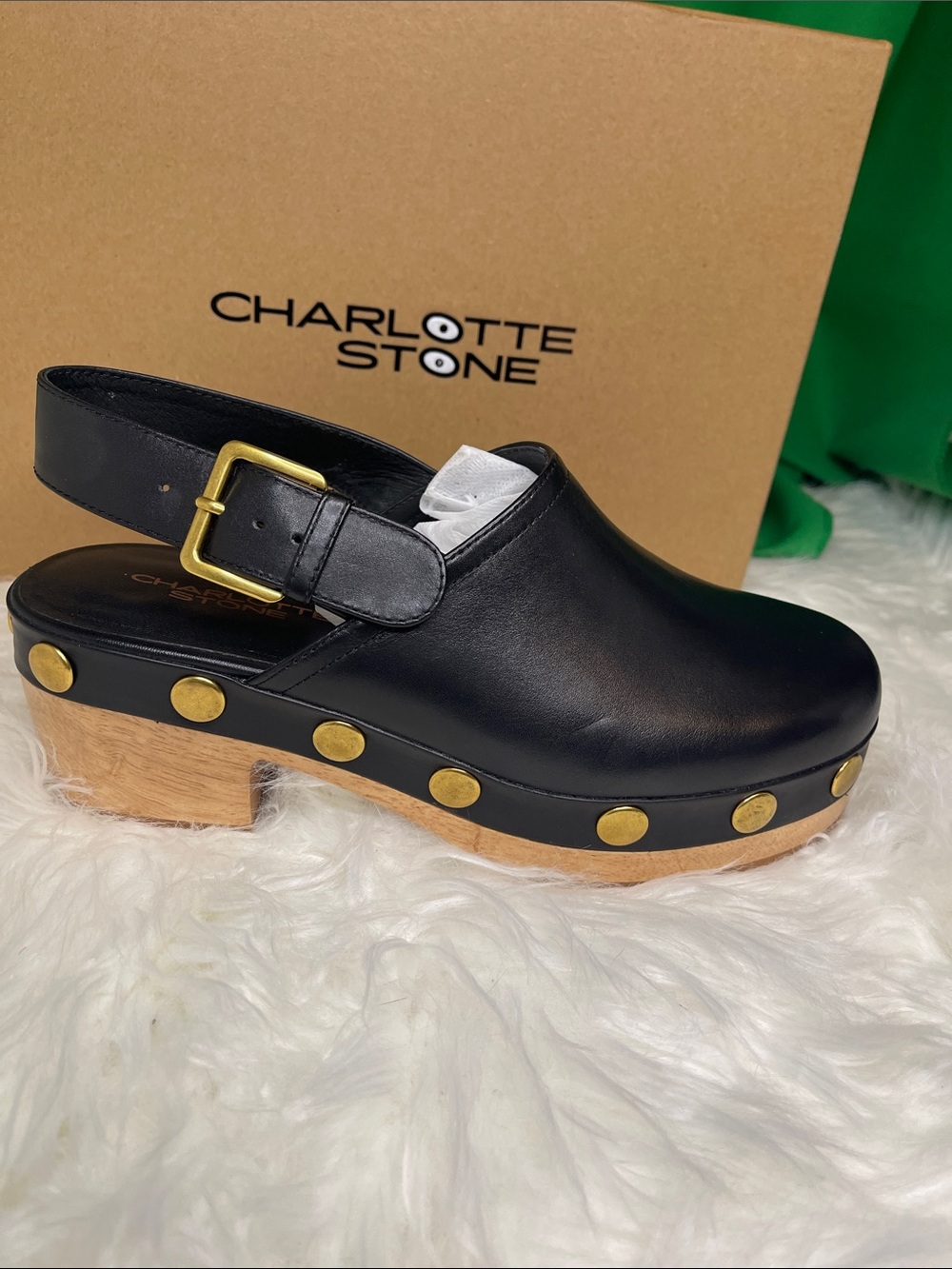 Charlotte Stone Jona Black Leather Studded Slingback Platform Clogs-w/box & tote - Picture 5 of 14
